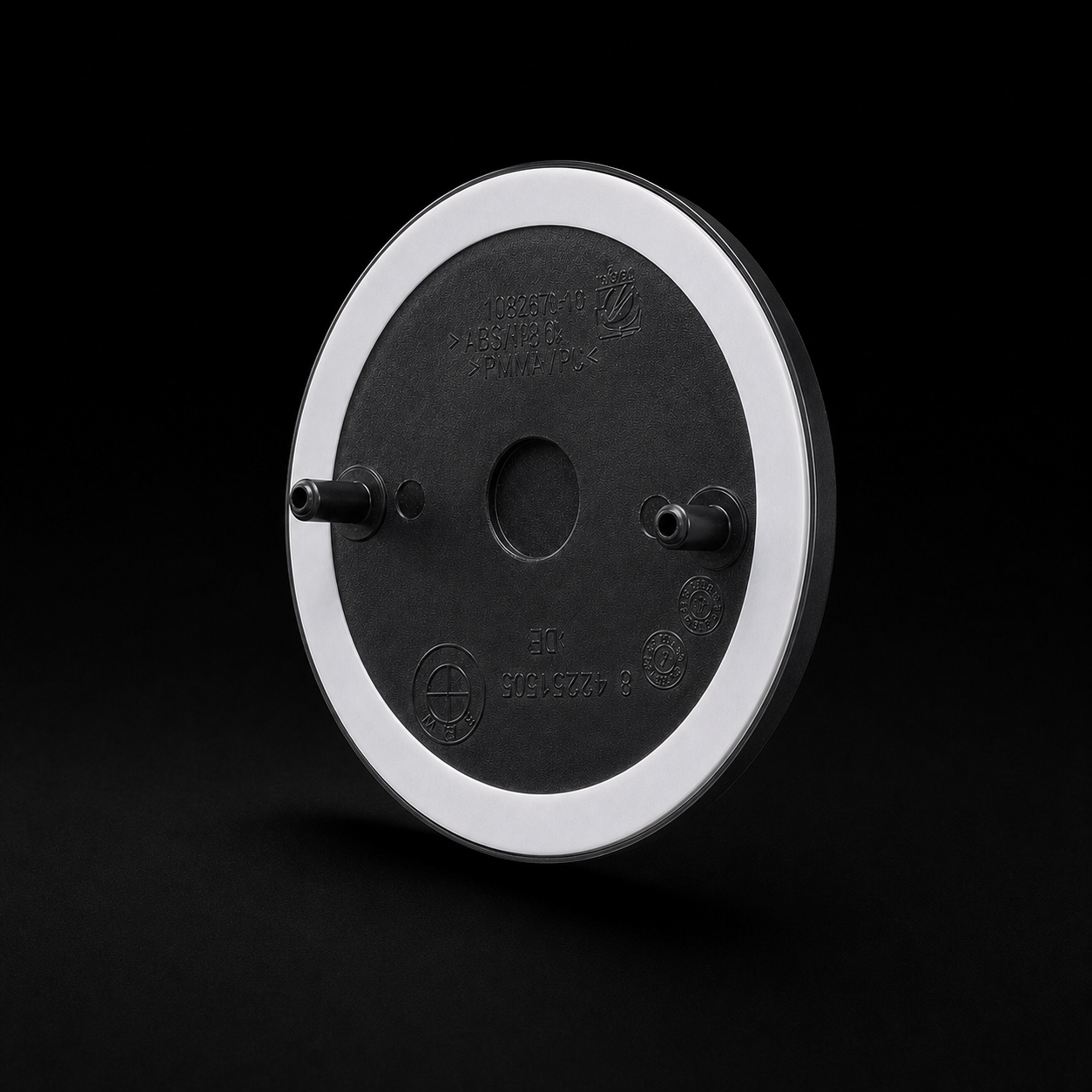 Badge side profile mounting view — pin depth and tape ring, OEM-style backing