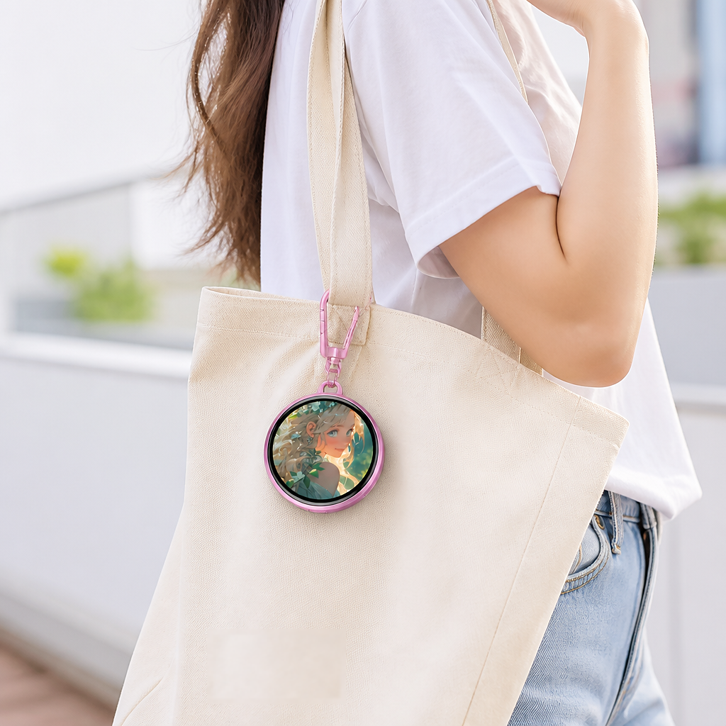 HALO Pin clipped to a tote bag as a charm
