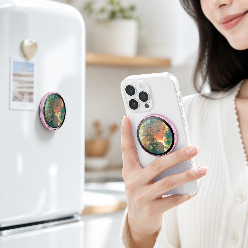 HALO Pin magnetically attached to a phone and fridge